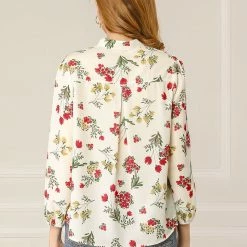 Allegra K Women's Button Down Bracelet Sleeves Stand Collar Floral Blouse Shirt
