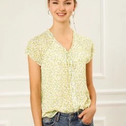 Allegra K Women's Floral Printed Ruffles Cap Sleeve Chiffon Blouse Top