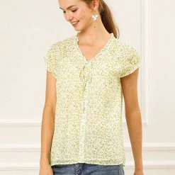 Allegra K Women's Floral Printed Ruffles Cap Sleeve Chiffon Blouse Top