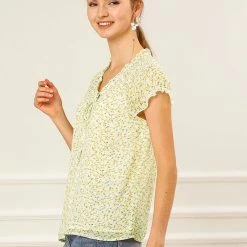 Allegra K Women's Floral Printed Ruffles Cap Sleeve Chiffon Blouse Top