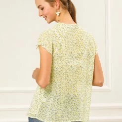 Allegra K Women's Floral Printed Ruffles Cap Sleeve Chiffon Blouse Top