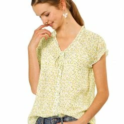 Allegra K Women's Floral Printed Ruffles Cap Sleeve Chiffon Blouse Top