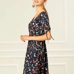 Allegra K Women's Floral V Neck Short Sleeves Elastic Tie Cuff A-Line Dress