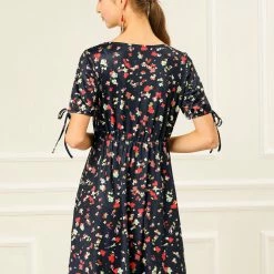 Allegra K Women's Floral V Neck Short Sleeves Elastic Tie Cuff A-Line Dress