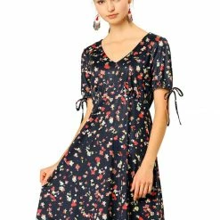 Allegra K Women's Floral V Neck Short Sleeves Elastic Tie Cuff A-Line Dress