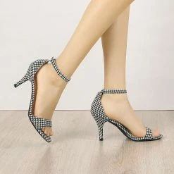 Allegra K Shoes Women's Plaid Houndstooth Ankle Strap Stiletto Heels Sandals