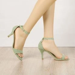 Allegra K Shoes Women's Plaid Houndstooth Ankle Strap Stiletto Heels Sandals