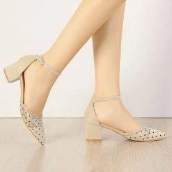 Allegra K Women's Polka Dots Lace Pointed Toe Chunky Heels Pumps Shoes