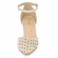 Allegra K Women's Polka Dots Lace Pointed Toe Chunky Heels Pumps Shoes