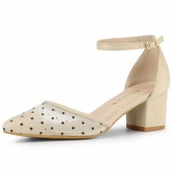 Allegra K Women's Polka Dots Lace Pointed Toe Chunky Heels Pumps Shoes
