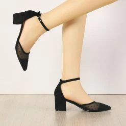 Allegra K Women's Polka Dots Lace Pointed Toe Chunky Heels Pumps Shoes