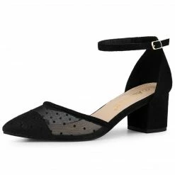 Allegra K Women's Polka Dots Lace Pointed Toe Chunky Heels Pumps Shoes