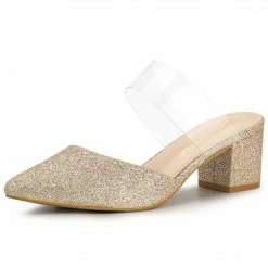 Allegra K Women's Pointed Toe Block Heels Glitter Mules 37 Allegra K Women's Pointed Toe Block Heels Glitter Mules