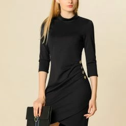Allegra K Stretchy Sheath Dress With Button Decor Women 18 Allegra K Stretchy Sheath Dress With Button Decor Women