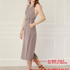 Allegra K Women's Sleeveless Low Open Back Tile Print Halter Neckline Tie Waist Jumpsuit