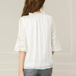 Allegra K Women's Ruffled Neck Vintage Bell Sleeves Chiffon Blouses