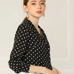 Allegra K Women's Heart Polka Dots Button Up Notched Lapel V Neck Shirt Tops 125 Allegra K Women's Heart Polka Dots Button Up Notched Lapel V Neck Shirt Tops