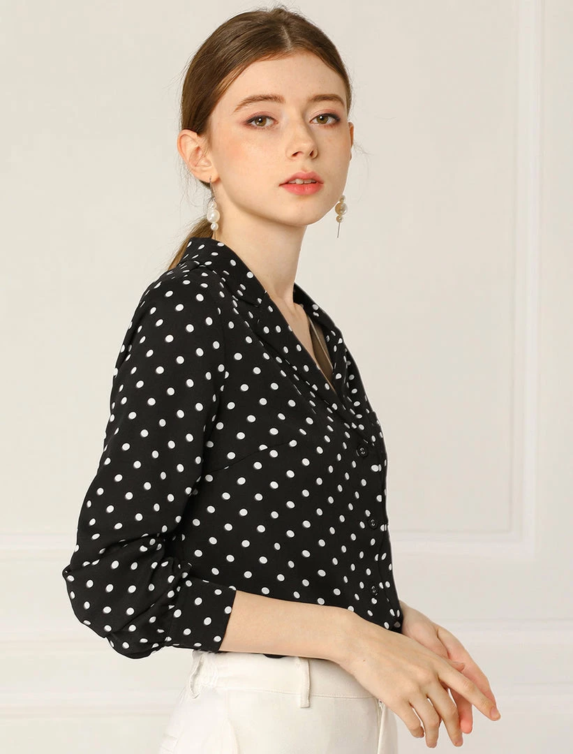 Allegra K Women's Heart Polka Dots Button Up Notched Lapel V Neck Shirt Tops 47 Allegra K Women's Heart Polka Dots Button Up Notched Lapel V Neck Shirt Tops