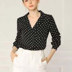 Allegra K Women's Heart Polka Dots Button Up Notched Lapel V Neck Shirt Tops 126 Allegra K Women's Heart Polka Dots Button Up Notched Lapel V Neck Shirt Tops