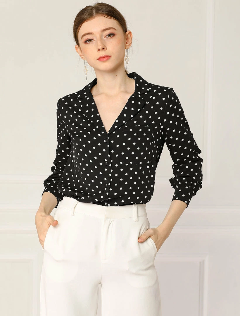 Allegra K Women's Heart Polka Dots Button Up Notched Lapel V Neck Shirt Tops 48 Allegra K Women's Heart Polka Dots Button Up Notched Lapel V Neck Shirt Tops