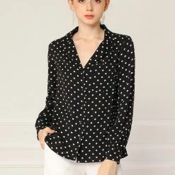 Allegra K Women's Heart Polka Dots Button Up Notched Lapel V Neck Shirt Tops 127 Allegra K Women's Heart Polka Dots Button Up Notched Lapel V Neck Shirt Tops