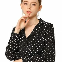 Allegra K Women's Heart Polka Dots Button Up Notched Lapel V Neck Shirt Tops 124 Allegra K Women's Heart Polka Dots Button Up Notched Lapel V Neck Shirt Tops