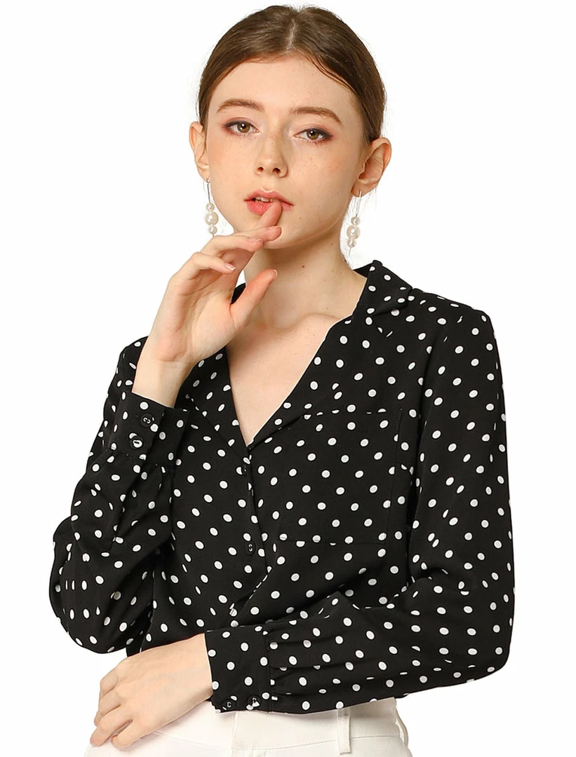 Allegra K Women's Heart Polka Dots Button Up Notched Lapel V Neck Shirt Tops 46 Allegra K Women's Heart Polka Dots Button Up Notched Lapel V Neck Shirt Tops