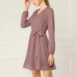 Allegra K V-neck Ruffle Hem Belted Geometric Pattern Long Sleeve Dress