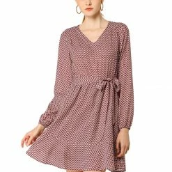 Allegra K V-neck Ruffle Hem Belted Geometric Pattern Long Sleeve Dress
