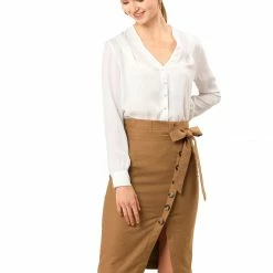 Allegra K Women's Button Decor Split Belted Smocked Vintage Short Pencil Skirt