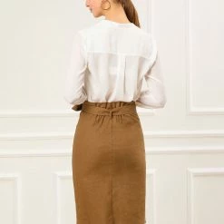 Allegra K Women's Button Decor Split Belted Smocked Vintage Short Pencil Skirt