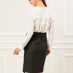 Allegra K Women's Button Decor Split Belted Smocked Vintage Short Pencil Skirt