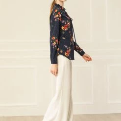 Allegra K Women's Tie Ruffled Neckline Polka Dots Long Sleeves Floral Blouse Tops