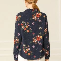 Allegra K Women's Tie Ruffled Neckline Polka Dots Long Sleeves Floral Blouse Tops