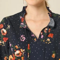 Allegra K Women's Tie Ruffled Neckline Polka Dots Long Sleeves Floral Blouse Tops