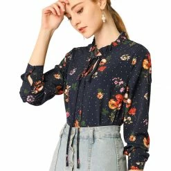 Allegra K Women's Tie Ruffled Neckline Polka Dots Long Sleeves Floral Blouse Tops