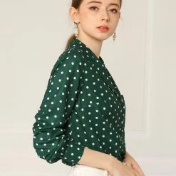 Allegra K Women's Heart Polka Dots Button Up Notched Lapel V Neck Shirt Tops 119 Allegra K Women's Heart Polka Dots Button Up Notched Lapel V Neck Shirt Tops