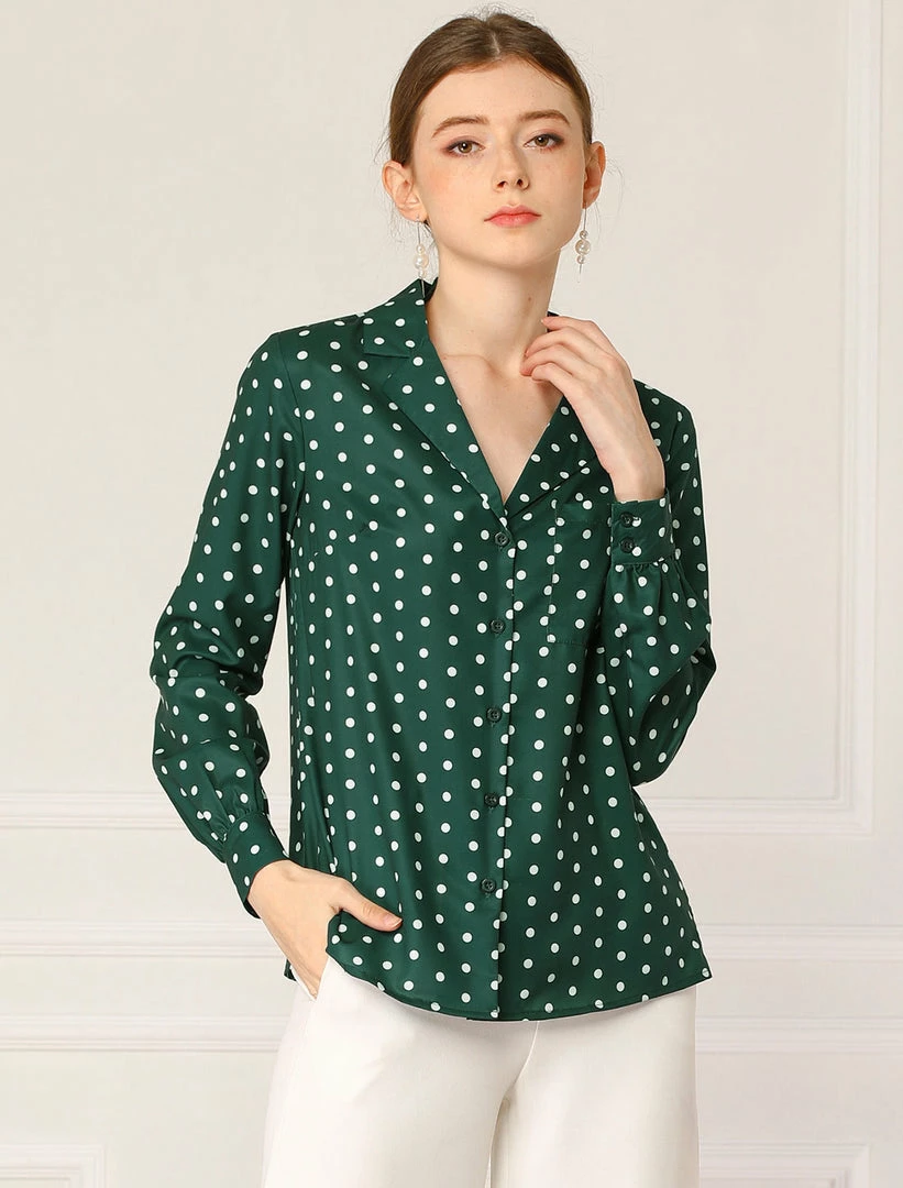 Allegra K Women's Heart Polka Dots Button Up Notched Lapel V Neck Shirt Tops 43 Allegra K Women's Heart Polka Dots Button Up Notched Lapel V Neck Shirt Tops