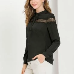 Allegra K Women's Lace Patchwork Solid Bow Tie Neck Casual Long Sleeve Blouse Top