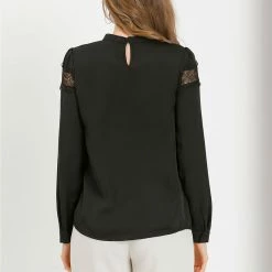 Allegra K Women's Lace Patchwork Solid Bow Tie Neck Casual Long Sleeve Blouse Top