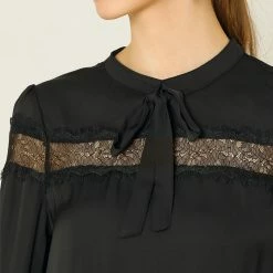 Allegra K Women's Lace Patchwork Solid Bow Tie Neck Casual Long Sleeve Blouse Top