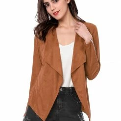 Allegra K Women's Moto Faux Suede Jacket Lightweight Open Front Lapel Draped Outwear Cardigan Clothing 76 Allegra K Women's Moto Faux Suede Jacket Lightweight Open Front Lapel Draped Outwear Cardigan Clothing