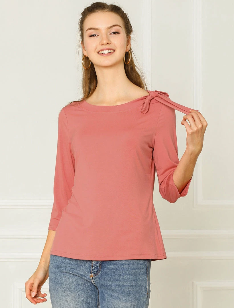 Allegra K Women's Slim Fit Bow Tie Neck 3/4 Sleeves Work Elegant Knit Top 11 Allegra K Women's Slim Fit Bow Tie Neck 3/4 Sleeves Work Elegant Knit Top