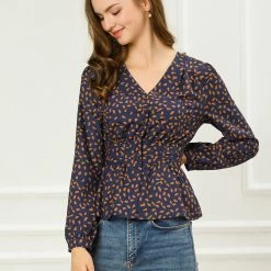Allegra K Women's Elegant Dots V Neck Long Sleeve Top Button Peplum Blouse