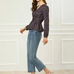 Allegra K Women's Elegant Dots V Neck Long Sleeve Top Button Peplum Blouse