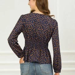 Allegra K Women's Elegant Dots V Neck Long Sleeve Top Button Peplum Blouse