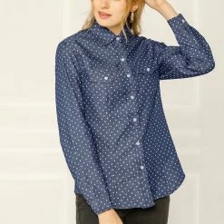 Allegra K Women's Point Collar Chest Pockets Button Down Dots Shirt