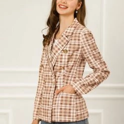Allegra K Women's Notched Lapel Double Breasted Plaid Formal Blazer Jackets 37 Allegra K Women's Notched Lapel Double Breasted Plaid Formal Blazer Jackets