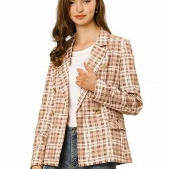 Allegra K Women's Notched Lapel Double Breasted Plaid Formal Blazer Jackets