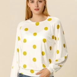 Allegra K Women's Loose Casual Polka Dot Long Sleeve Top